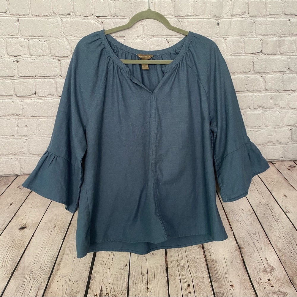 Bit & Bridle Womens Large Blue Peplum Bell Sleeve Pullover Top Blouse LKNW